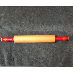 Hardwood Vintage Rolling Pin w Red Handles   Circa 1950s - 1960s
